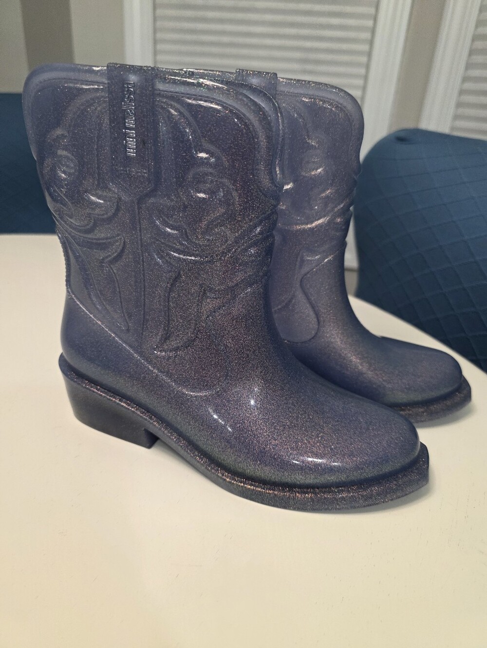 Mini Melissa Texas Boot Blue Glitter Cowboy Boot Big Kids Size 3 - Picture 2 of 7